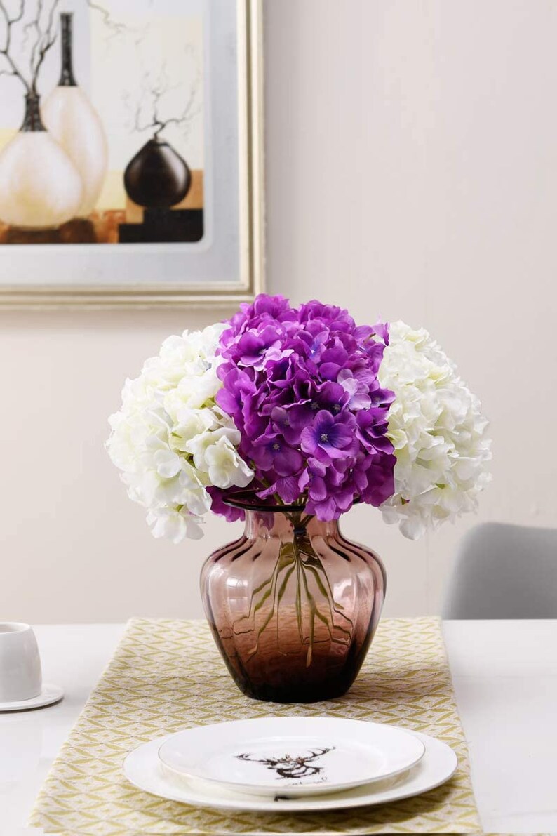 Hydrangea Silk Flowers Purple Heads with Stems Pack of 10 Full Hydrangea Flowers Artificial for Wedding Home Party Shop Baby Shower Decor