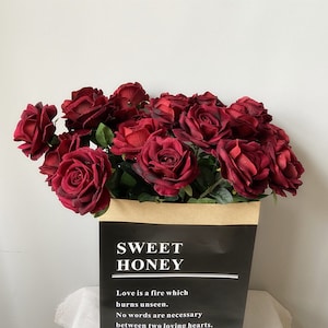 10pcs Big Flower Heads Large Velvet Roses Dark Red Roses for Crafting Artificial Vintage Flowers Wedding Decor DIY Crafts Fake Roses