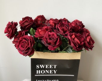 10pcs Big Flower Heads Large Velvet Roses Dark Red Roses for Crafting Artificial Vintage Flowers Wedding Decor DIY Crafts Fake Roses