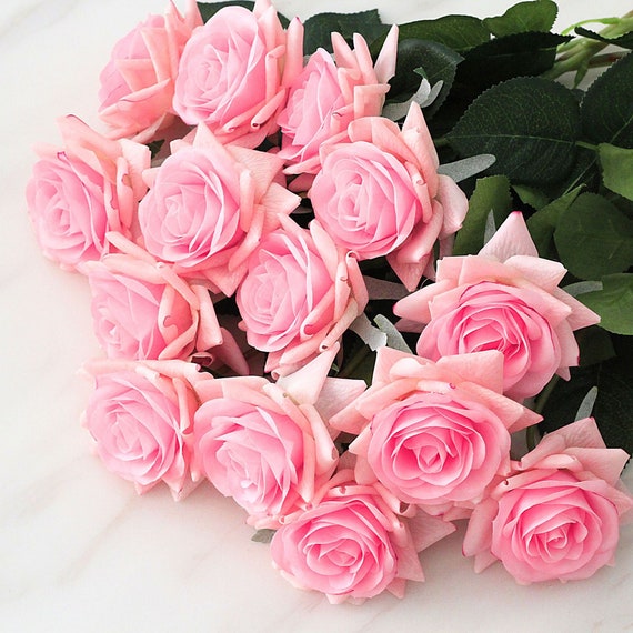 20PCS Pink Artificial Silk Fake Real Touch Rose Flower Stem for Wedding Party 