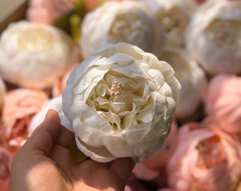 Artificial Silk Peony Flower Head, 50-100pcs Vintage Color, Ivory Cream Rose Head Only, Shabby Chic Romantic Bride Wedding Decoration