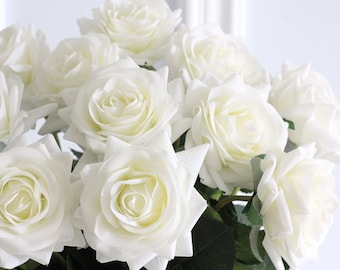Artificial Flowers Fake Rose, 20pcs Real Touch Silk Rose Flowers DIY for Wedding, Party and Home Decoration, White