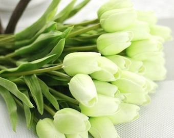 Tulipanes verdes PU Real Touch Tulip Bouquet 20pcs Tulipanes Flor Artificial para Damas de Honor Nupciales Centro de Mesa cata-YJW04