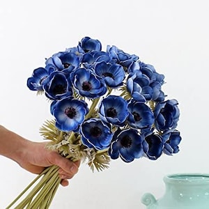 Blue Artifical Anemone Real Touch Flower Bouquet Room Home Decor Real Touch Anemones PU Wedding Flowers Stem DIY Bridal Bouquets