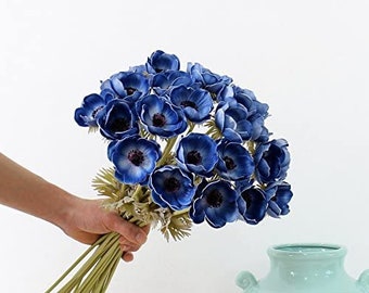 Blue Artifical Anemone Real Touch Flower Bouquet Room Home Decor Real Touch Anemones PU Wedding Flowers Stem DIY Bridal Bouquets