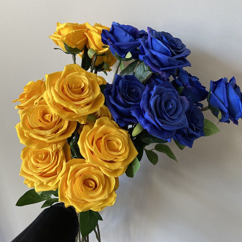 10pcs Royal Blue Silk Roses Head Artificial Yellow Flowers Etsy