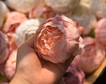 Artificial Silk Peony Flower Head, 50-100pcs Vintage Color, Blush with Green, Shabby Chic Romantic Bride Wedding Decoration