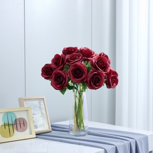 12pcs Artificial Silk Rose Flowers with Long Stems ,Burgundy Rose with Leaves, Navy Blue Silk Flowers for Wedding Party Home Decorations