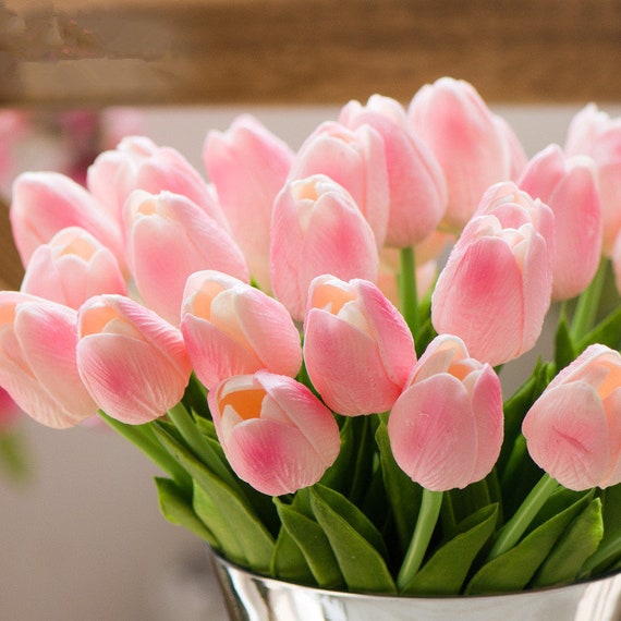 Pink Artificial Tulips PU Flowers 20 Stems Real Touch Tulip