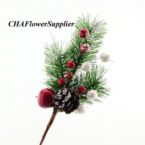 3pcs Christmas Pine Stems, Artificial Foam Red Fruit Branch Decorations, Plastic Christmas Branches with Snow Berries, Christmas Decorations