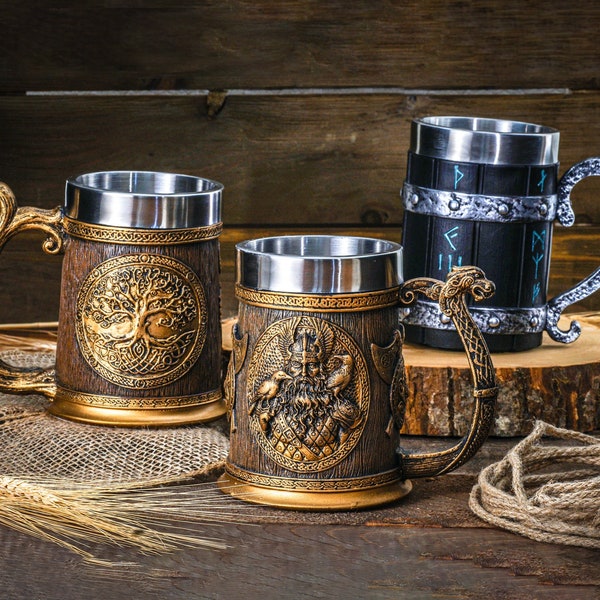 Taza para beber celta vikinga, taza de café tankard de 22 oz, copa enana, copa tankard del árbol de la vida, copa vikinga vintage para hombres, regalo de cumpleaños