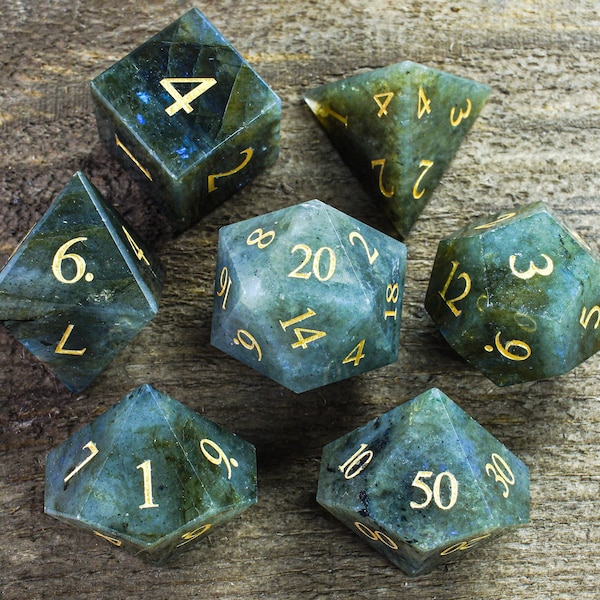 Pure Labradorite Gemstone Dice Full Set, DnD Dice Set for Dungeons and Dragons, MTG D20, Engraved, Wedding Favors, GM Gift, Christmas Gift
