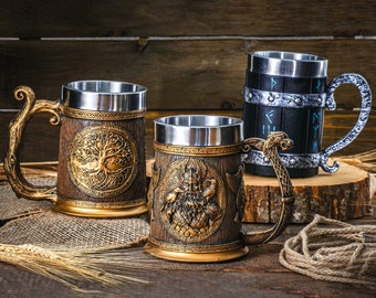 Keltischer Trinkbecher Bier 625 ml Tankard Kaffeetasse, Zwergentasse, Baum des Lebens Tankard Tasse, Vintage Wikinger Tasse für Männer, Geburtstagsgeschenk