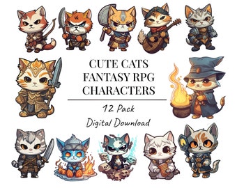 Cute Fantasy Chibi Cats Fantasy RPG, Nerdy, Geek, Clipart kittens, Kitty icons, Pet illustrations, Cat printable stickers, Planner supplies