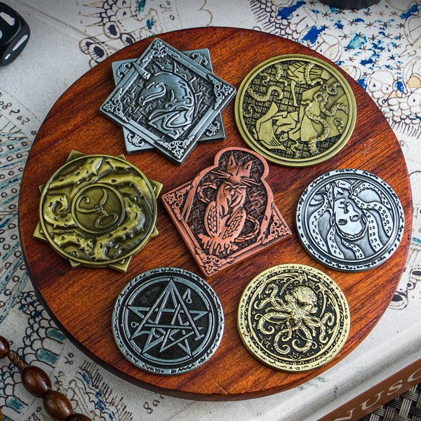 Cthulhu Death May Die Metal Coins 7pcs Set, Deluxe Upgrade, Boardgame Accessories, Arkham Horror, Elder Gods Lovecraft, The Call of Cthulhu