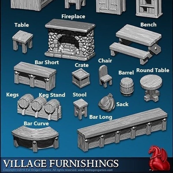 20pcs Inn and Tavern Village Furnishings Terrain Set D&D 28mm, 32mm, Dungeons and Dragons, DnD, Pathfinder, Tabletop RPG, Wargaming, Scatter