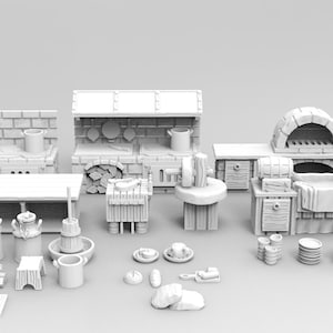 22pcs Inn and Tavern Kitchen Terrain Set D&D 28mm, 32mm, Dungeons and Dragons, DnD, Pathfinder, Tabletop RPG, Wargaming, Scatter Terrain