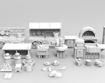 22pcs Inn and Tavern Kitchen Terrain Set D&D 28mm, 32mm, Dungeons and Dragons, DnD, Pathfinder, Tabletop RPG, Wargaming, Scatter Terrain