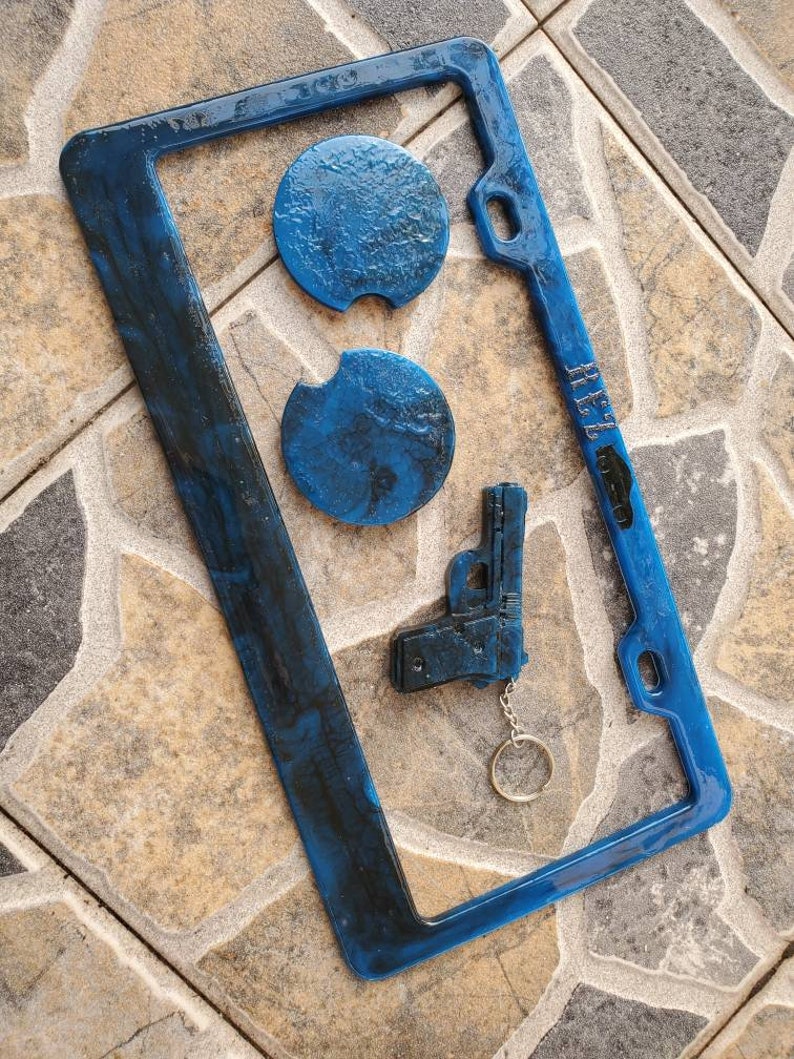 Car coasters Plate frame blue black marbled Car set handmade pistol Keychain