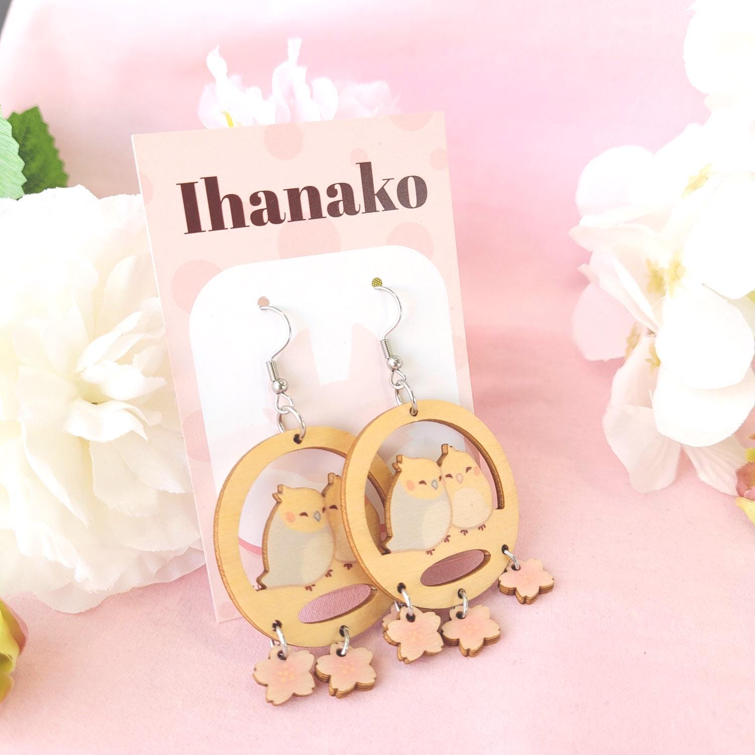 Cockatiel parrot couple with sakura cherry blossom dangle earrings plywood wooden cute kawaii bird dual-sided print