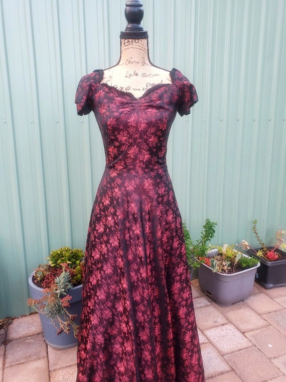 1940s Red Burgundy Floral Evening Gown