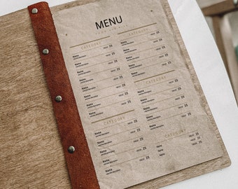 Chemise de menu de restaurant, chemise de menu en bois A5, couverture de livre de menu, menu en bois, tableau de menu, menu en bois personnalisé, support de menu à couverture rigide
