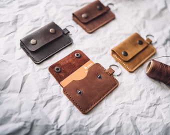 Personalized Leather Card Holder Keychain, Minimalist Wallet