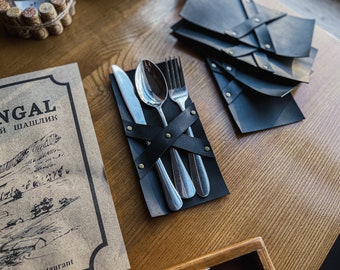 Personalized Leather Cutlery Pouch, Cafe Restaurant Organizer