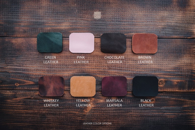 May include: Leather color options for a product.  The colors are: green, pink, chocolate, brown, whiskey, yellow, marsala, and black.
