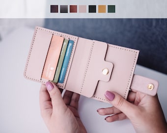 Cartera de cuero rosa, cartera rosa personalizada, cartera rosa clara, cartera de mujer, regalo para niña, cartera de cuero plegable,