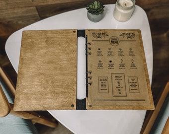 Dossier en bois, menu en bois personnalisé, dossier de menus de restaurant, menu en bois, couverture de livre de menus, tableau de menus, support de menu en bois gravé A5