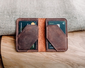 Slim Brown Leather Card Holder, Personalized Card Wallet