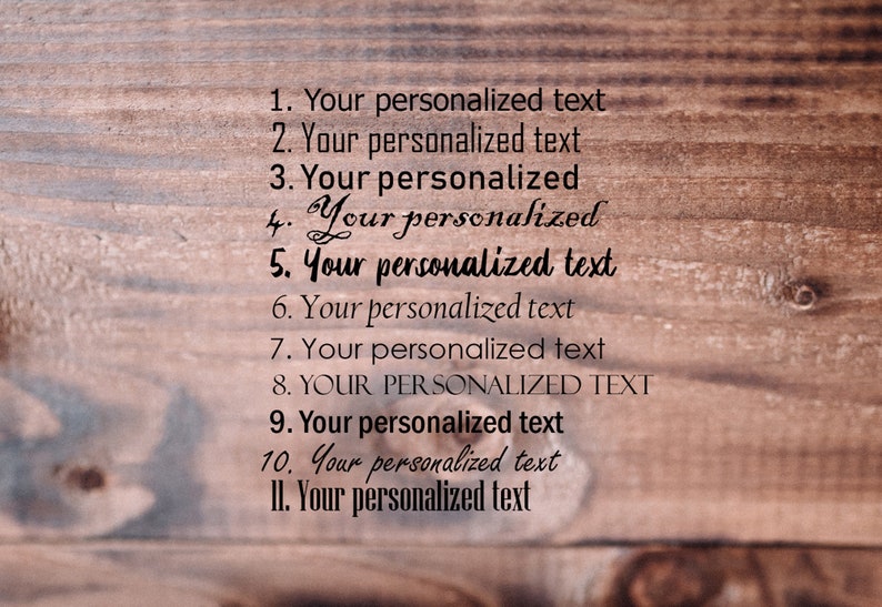 May include: A wooden surface with a list of ten numbered items. Each item is followed by the text "Your personalized text". The eighth item is in all caps and reads "YOUR PERSONALIZED TEXT".
