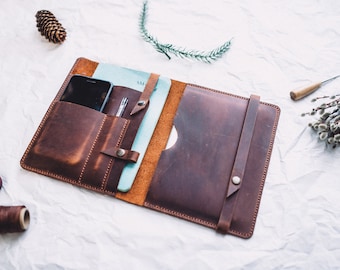 Handmade Leather iPad Mini Folio Case, Organizer Portfolio
