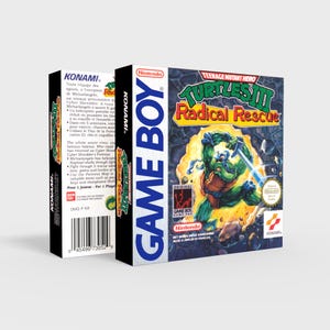 May include: A Nintendo Game Boy video game box for Teenage Mutant Hero Turtles III: Radical Rescue. The box features a green turtle character with a blue weapon, set against a yellow and orange background. The game title is in red and green.