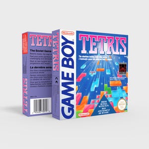 May include: A blue and white Game Boy cartridge box for the game Tetris. The box features a colourful image of Tetris blocks falling on a blue background. The text "Tetris" is printed in large white letters on the front of the box. The text "Game Boy" is printed in white letters on the side of the box. The text "The Soviet Game" is printed in black letters on the back of the box.