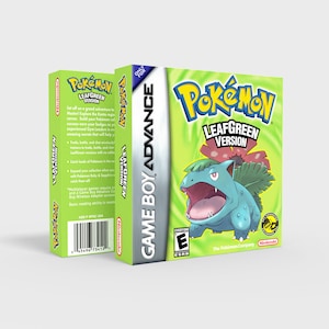 May include: A green Game Boy Advance game cartridge for Pokemon LeafGreen Version. The front of the cartridge features a green and blue Pokemon character with a red mushroom on its head. The text "Pokemon LeafGreen Version" is printed in white on a green background.