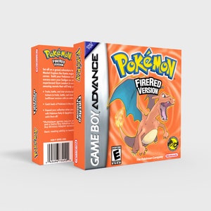 Puede incluir: Caja de videojuego Game Boy Advance para Pokémon FireRed Version. La caja es naranja con el título del juego en amarillo y azul. Se presenta un gráfico de Charizard. La caja también incluye el logotipo de Game Boy Advance y la clasificación ESRB.