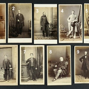 Stylish Victorian Men CDV Photographs. Antique Photos Men in Smart Suits with hats, canes etc. Choose from selection. Priced individually.