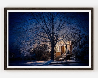 Chrismas Snow Covered Tree illuminated by a warm yellow light | Fine Art Photo Print | Photography