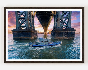 NYPD Watercraft Queensboro Bridge New York City Sunset Photography Print