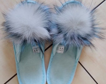 Wedding slippers from textile material in form of faux terry with natural fox fur pompoms Bridesmaid gift Personalized gift for Bridesmaid.