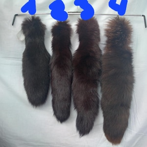 Può includere: Quattro code di animali soffici appese a un supporto metallico, numerate da uno a quattro in blu. Le code variano in tonalità di marrone scuro e nero, con trame di pelliccia folta e morbida. Ogni coda è sospesa tramite una clip metallica.
