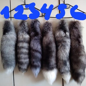 May include: Six fluffy animal tails hanging from black wire hangers, numbered 1 through 6 in blue text. The tails feature various shades of gray, silver, black, and white fur, with some displaying distinct horizontal banding patterns and white tips.