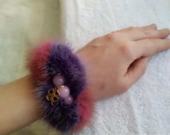 Mother's day gift for her Fur bracelet Made from colored mink fur elastic with pink beads and gold pendant Holiday Birthday Valentine gift