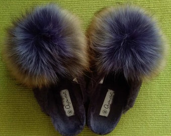 Purple soft plush slippers with natural raccoon and fox fur pompoms for women Personalized gift forMom Personalized gift for Birthday forher