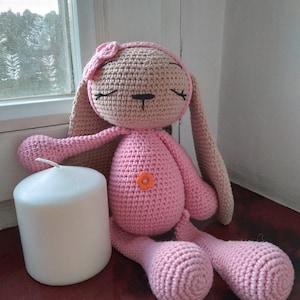 Bunny with long ears Easter crochet bunny toy Pink Knitted bunny Knitted sleeping bunny Personalized gift for kids and adults Easter gifts.