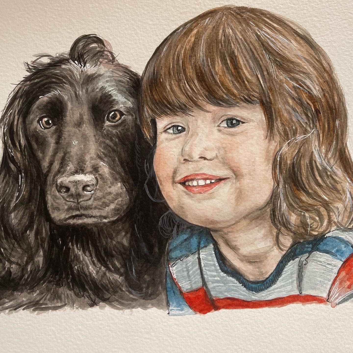 Watercolour pet and owner portrait on A3
