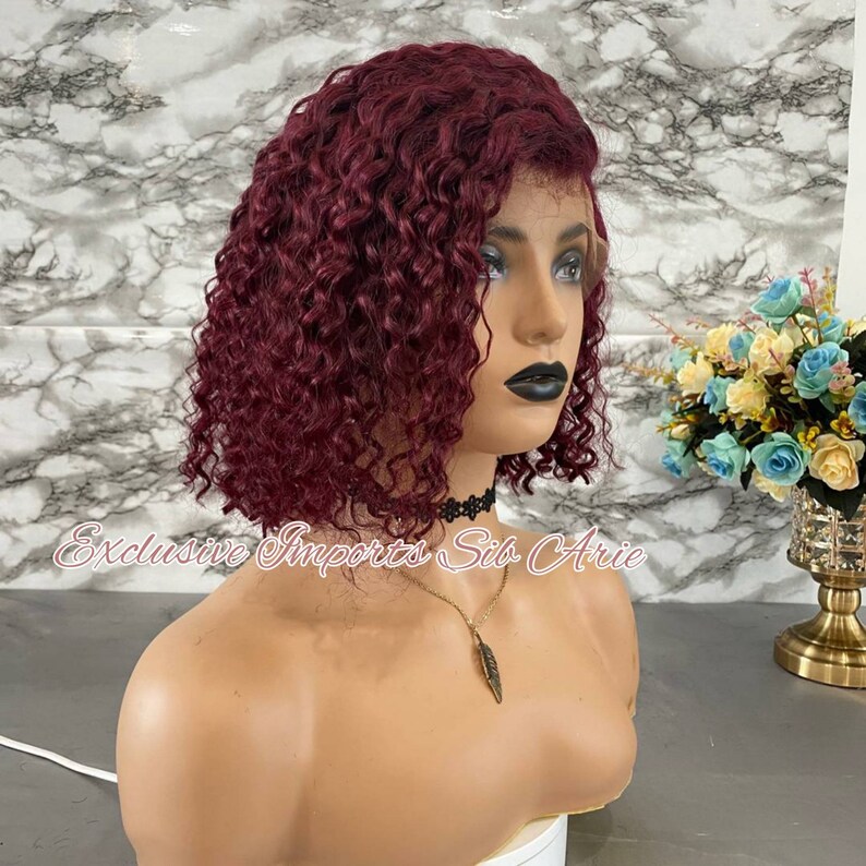 Curly burgundy human hair bob lace front wig/14 inch Curly | Etsy