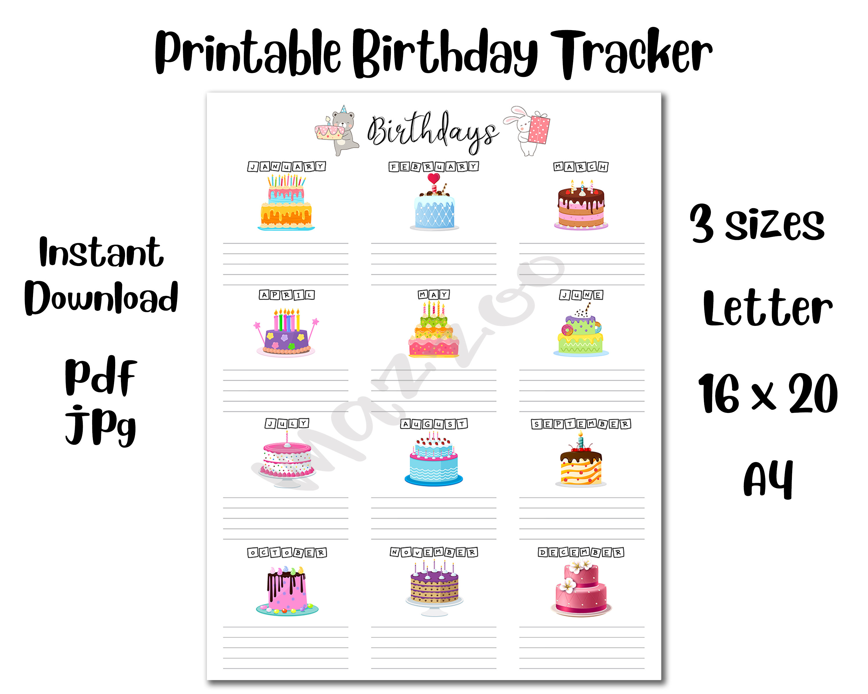 Birthday Tracker Printable Birthday Calendar Instant Download Birthday ...